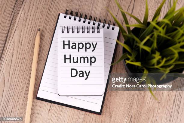 happy hump day text on notepad - words of wisdom stock pictures, royalty-free photos & images