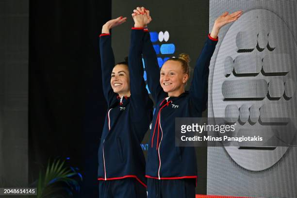 Kassidy Cook and Sarah Bacon of the United States of America celebrate after finishing second in the Women's 3m Synchronized Springboard Final during...