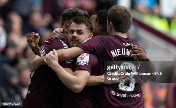 Hearts' Alan Forrest celebrates as Lawrence Shankland scores before it is ruled out for offside by VAR during a cinch Premiership match between Heart...
