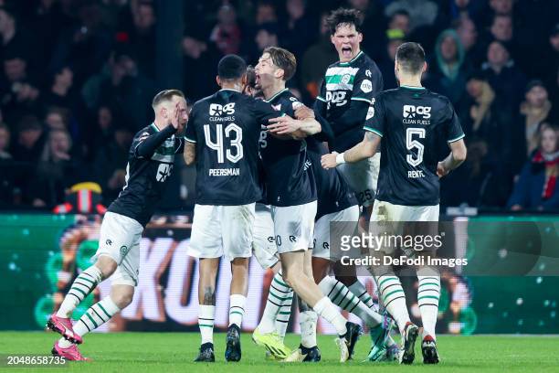 Laros Duarte of FC Groningen scores the 0-1 celebrating his goal with his teammates during the Dutch KNVB Cup Semi-Final match between Feyenoord and...