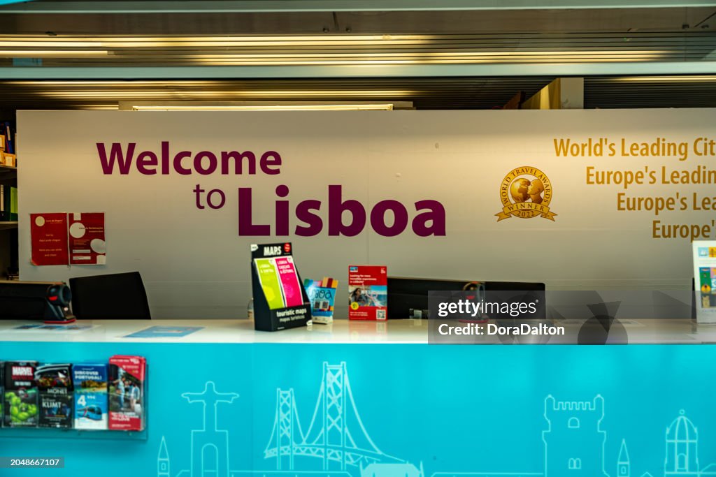 Welcome to Lisbon sign in arrive area of Humberto Delgado Airport, Lisbon, Portugal