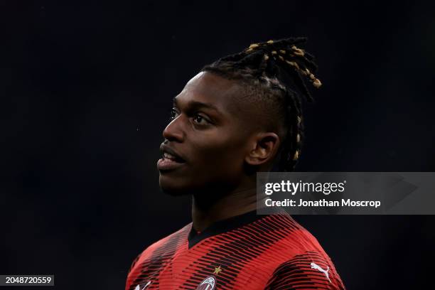 Rafael Leao of AC Milan reacts during the Serie A TIM match between AC Milan and Atalanta BC at Stadio Giuseppe Meazza on February 25, 2024 in Milan,...