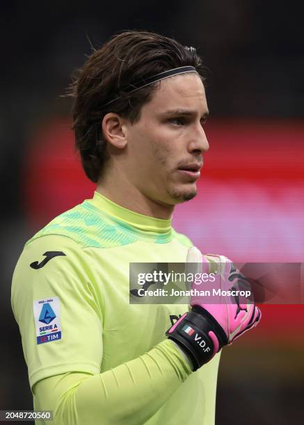 Marco Carnesecchi of Atalanta reacts during the Serie A TIM match between AC Milan and Atalanta BC at Stadio Giuseppe Meazza on February 25, 2024 in...