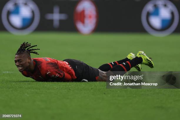 Rafael Leao of AC Milan reacts after clashing with Davide Zappacosta and Giorgio Scalvini of Atalanta during the Serie A TIM match between AC Milan...
