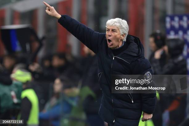 Gian Piero Gasperini Head coach of Atalanta reacts during the Serie A TIM match between AC Milan and Atalanta BC at Stadio Giuseppe Meazza on...