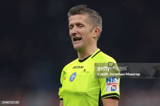 The Referee Daniele Orsato reacts during the Serie A TIM match between AC Milan and Atalanta BC at Stadio Giuseppe Meazza on February 25, 2024 in...