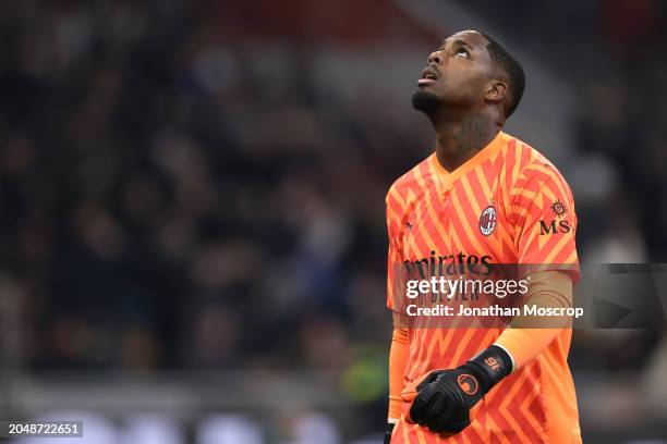 Mike Maignan of AC Milan reacts during the Serie A TIM match between AC Milan and Atalanta BC at Stadio Giuseppe Meazza on February 25, 2024 in...