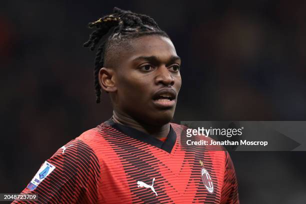 Rafael Leao of AC Milan looks on during the Serie A TIM match between AC Milan and Atalanta BC at Stadio Giuseppe Meazza on February 25, 2024 in...