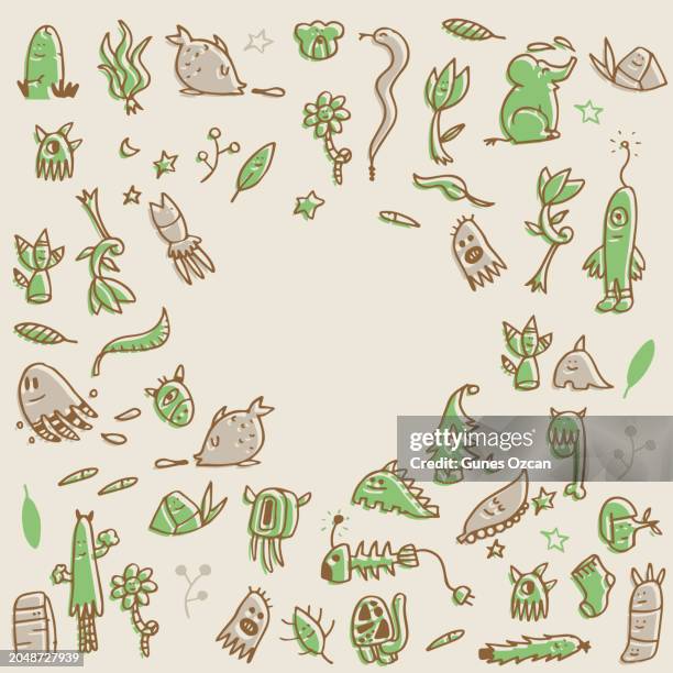 printmaking style doodle background with copy space, environmental issues, handmade pattern, funny animals and plants, picture book, characters, fictional character, animal, monster, fictional characters doodle - field guide book vector stock illustrations