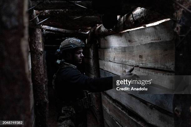Ukrainian soldier is seen in a trench as Russia-Ukraine war continues in the direction of Kreminna, Donetsk Oblast, Ukraine on March 03, 2024.