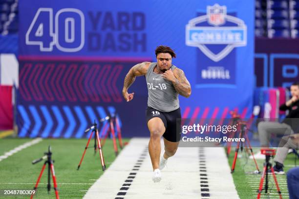 Byron Murphy #DL18 of Texas participates in the 40-yard dash during the NFL Combine at Lucas Oil Stadium on February 29, 2024 in Indianapolis,...