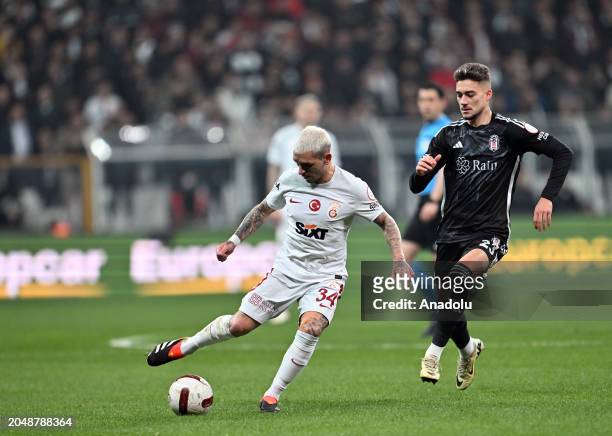 Ernest Muci of Besiktas in action against Lucas Torreira of Galatasaray during the Turkish Super Lig 28th week match between Besiktas and Galatasaray...