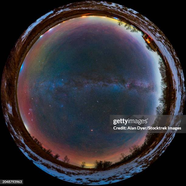 360 degree fish-eye panorama of the northern autumn sky and milky way in southern alberta, canada - 360 globe stock pictures, royalty-free photos & images