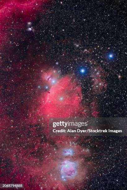 the colorful nebulas in and around the sword and belt of orion - orion belt stock pictures, royalty-free photos & images