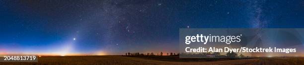 panorama of the dawn sky from alberta, canada, with venus embedded in the zodiacal light and mars at right of center - 360 globe stock pictures, royalty-free photos & images