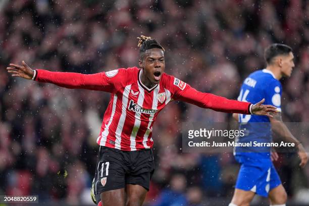 Nico Williams of Athletic Bilbao celebrates scoring the 2nd goal during the Copa del Rey Semifinal match between Athletic Club Bilbao and Atletico de...