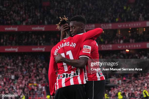 Nico Williams of Athletic Bilbao celebrates scoring the 2nd goal with his team mate Iñaki Williams during the Copa del Rey Semifinal match between...