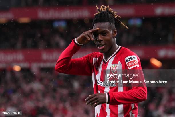 Nico Williams of Athletic Bilbao celebrates scoring the 2nd goal during the Copa del Rey Semifinal match between Athletic Club Bilbao and Atletico de...