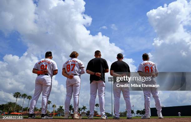 Jackson Holliday of the Baltimore Orioles looks on during a spring training game against the Pittsburgh Pirates at Ed Smith Stadium on February 29,...