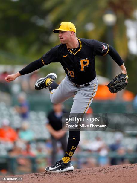 Paul Skenes of the Pittsburgh Pirates pitches during a spring training game against the Baltimore Orioles at Ed Smith Stadium on February 29, 2024 in...