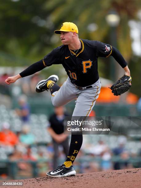 Paul Skenes of the Pittsburgh Pirates pitches during a spring training game against the Baltimore Orioles at Ed Smith Stadium on February 29, 2024 in...