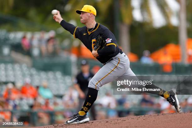 Paul Skenes of the Pittsburgh Pirates pitches during a spring training game against the Baltimore Orioles at Ed Smith Stadium on February 29, 2024 in...