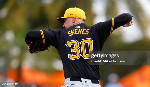 Paul Skenes of the Pittsburgh Pirates pitches during a spring training game against the Baltimore Orioles at Ed Smith Stadium on February 29, 2024 in...