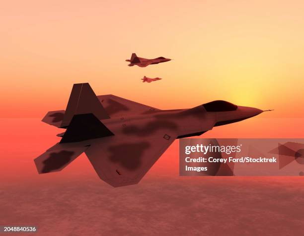 stockillustraties, clipart, cartoons en iconen met illustration of f-22 raptor fighter jets on patrol at sunset - us air force