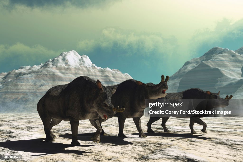 Three Brontotherium mammals walking through a mountainous landscape