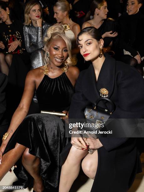 Aya Nakamura and Clara Luciani attend the Schiaparelli Womenswear Fall/Winter 2024-2025 show as part of Paris Fashion Week on February 29, 2024 in...