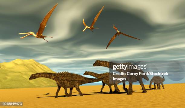 herd of ampelosaurus dinosaurs cross a beach as anhanguera pterosaurs fly above - quadrupedalism stock illustrations