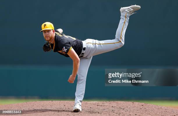Bailey Falter of the Pittsburgh Pirates pitches in the second inning during a spring training game against the Baltimore Orioles at Ed Smith Stadium...