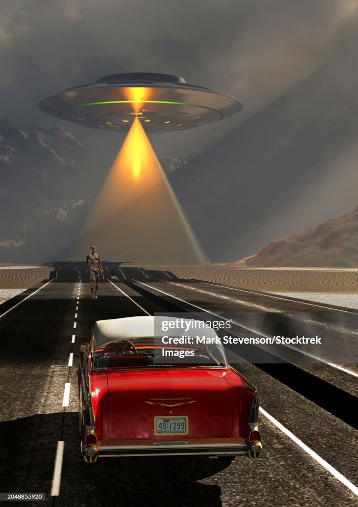 A classic chevrolet car having a close encounter with a UFO on a remote desert road
