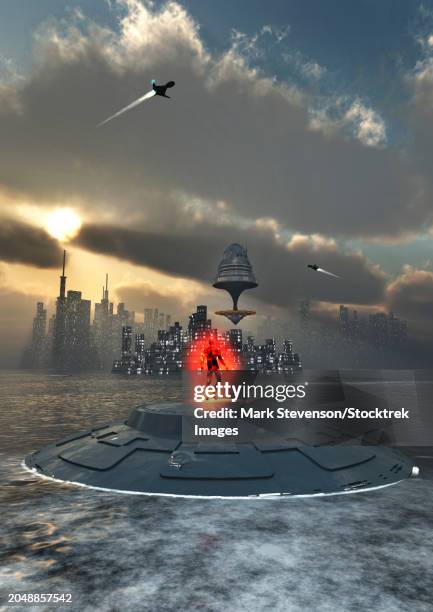 a highly advanced civilization on the surface of a futuristic earth - building above clouds stock illustrations