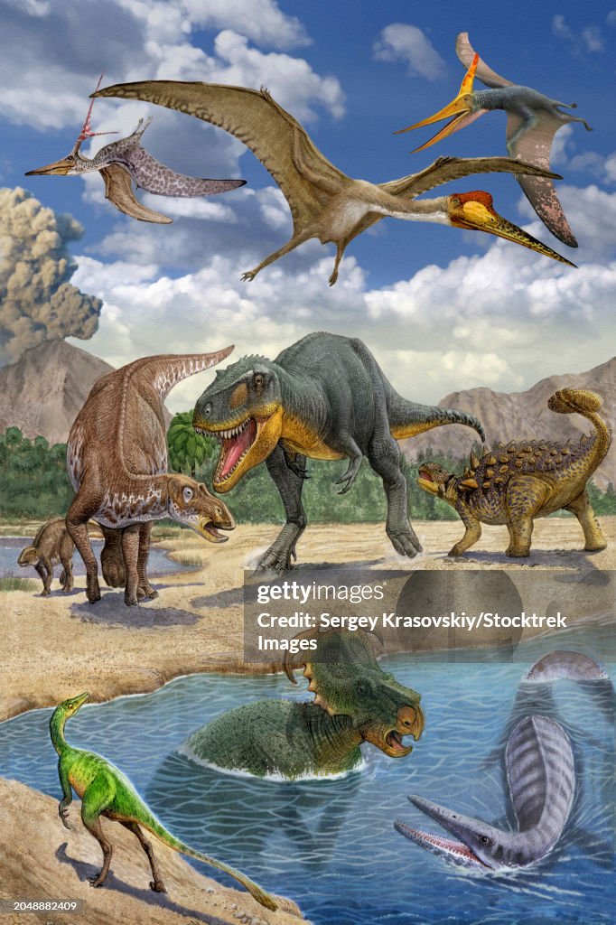 Dinosaurs confront each other along a lake