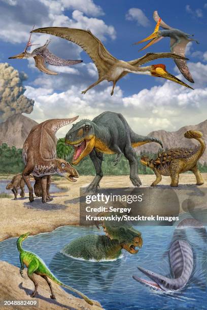 dinosaurs confront each other along a lake - ankylosaurus stock illustrations