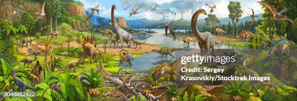 a group of dinosaurs in a prehistoric environment - mesozoikum stock-grafiken, -clipart, -cartoons und -symbole