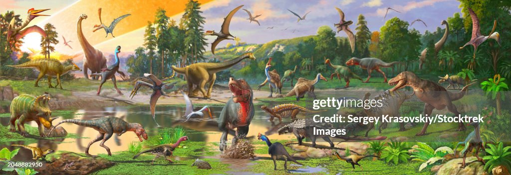 A group of dinosaurs gather around a watering hole