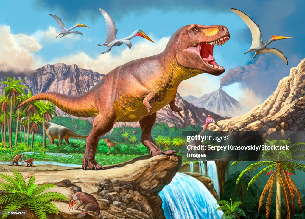 Tyrannosaurus rex roaring at the top of a waterfall, with Quetzalcoaltus flying overhead