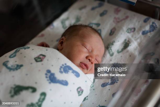 close-up of a newborn baby swaddled in a blanket sleeping - baby blanket stock pictures, royalty-free photos & images
