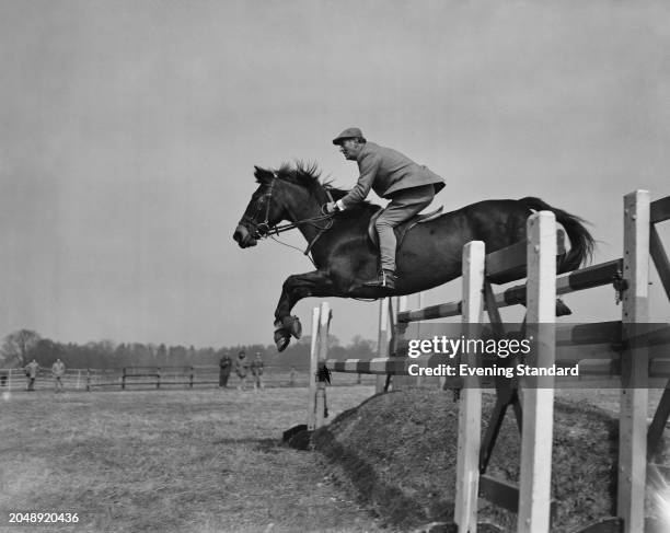 Equestrian Harry Llewellyn jumps a fence riding horse 'Aherlow' during the Olympics Equestrian Trials at Windsor Forest Stud, Ascot, Berkshire, March...