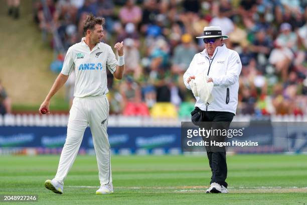 Tim Southee of New Zealand talks to umpire Marais Erasmus of South Africa during day two of the First Test in the series between New Zealand and...