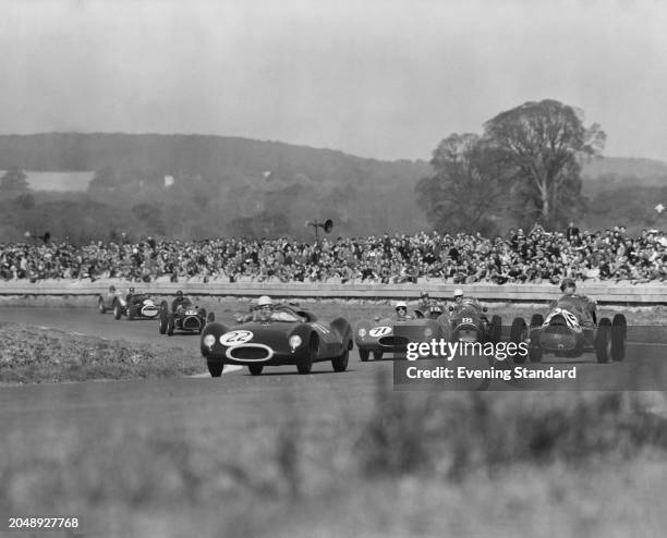 Racing cars on the track at Goodwood for the Easter meeting, West Sussex, April 2nd 1956.