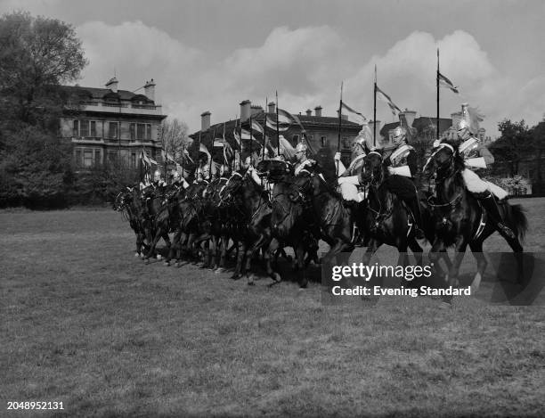 The Household Cavalry lancers rehearsing 'Musical Ride' in the Kensington Palace paddock, London, May 9th 1955.