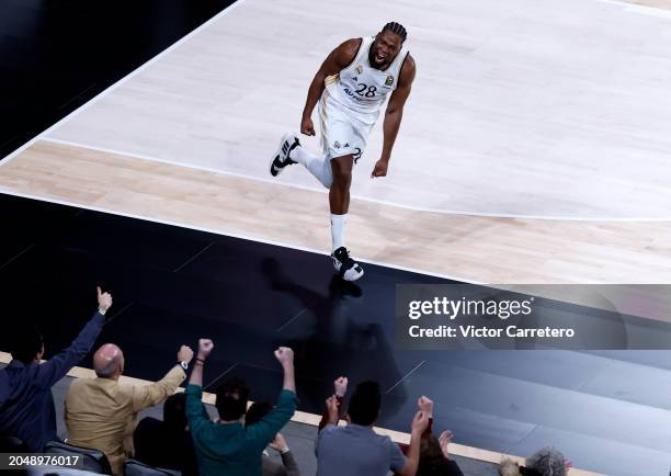 Guerschon Yabusele of Real Madrid celebrates during the Turkish Airlines EuroLeague Regular Season Round 27 match between Real Madrid and...