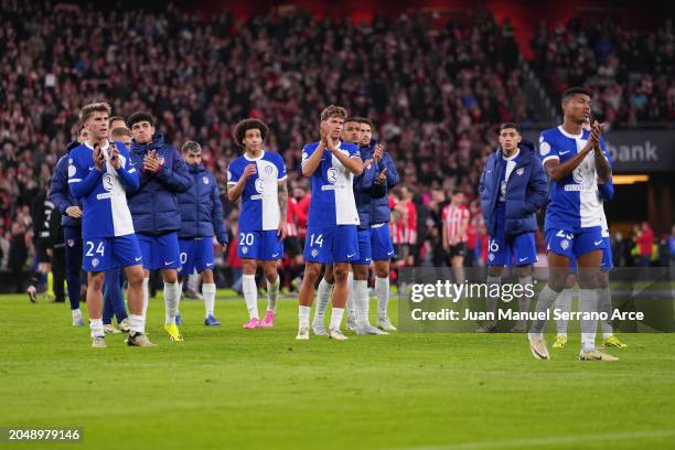 Players of Atletico Madrid react after the Copa del Rey Semifinal match between Athletic Club Bilbao and Atletico de Madrid at San Mames Stadium on...