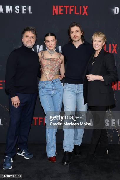 Juan Carlos Fresnadillo, Millie Bobby Brown, Nick Robinson and Robin Wright attend the "Damsel" photo call at The Plaza Hotel on February 29, 2024 in...