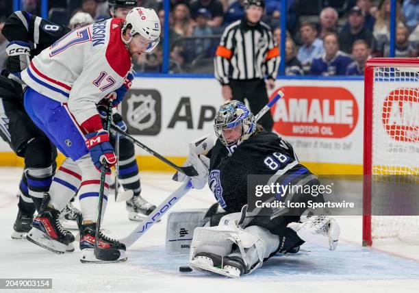 Montreal Canadiens right wing Josh Anderson shoots at point blank and Tampa Bay Lightning goaltender Andrei Vasilevskiy makes a pad save during the...