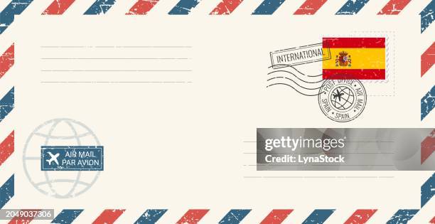 ilustrações de stock, clip art, desenhos animados e ícones de blank air mail grunge envelope with spain postage stamp. vintage postcard vector illustration with spanish national flag isolated on white background. retro style. - enviar