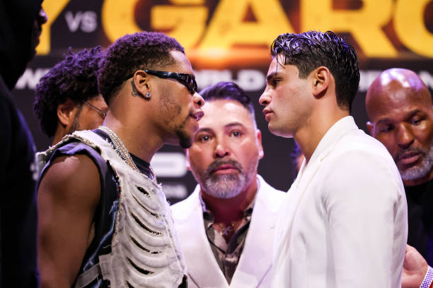 Devin Haney and Ryan Garcia face off during the Ryan Garcia v Devin Haney press tour at Avalon Hollywood & Bardot on February 29, 2024 in Los...
